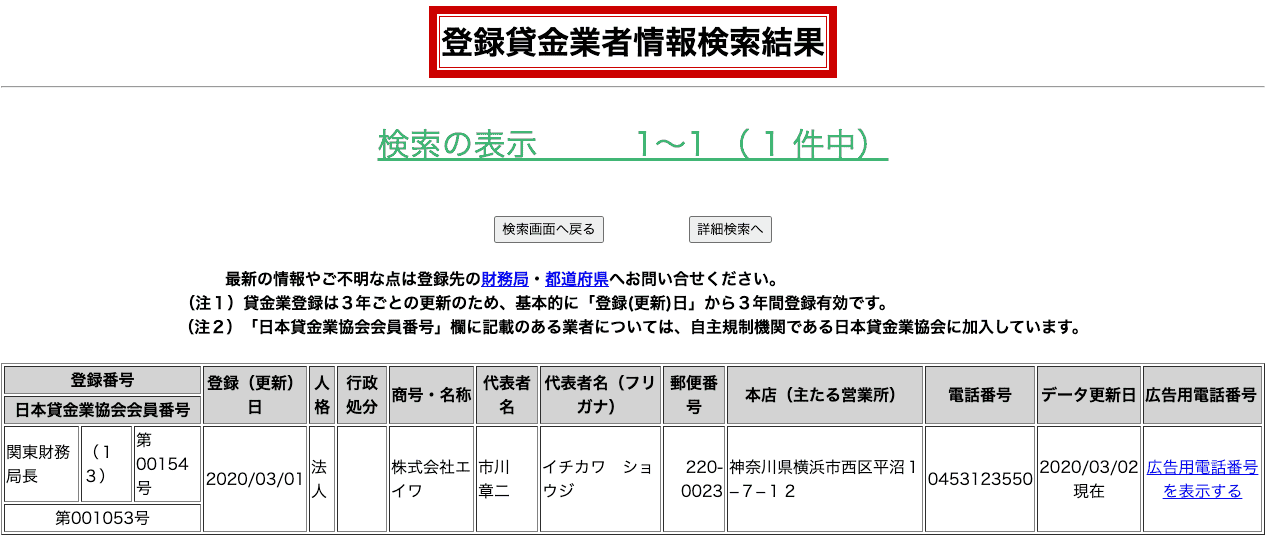 キャッシングエイワ(登録貸金業者情報検索結果)