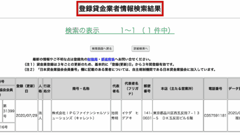 キャレント(登録貸金業者情報検索結果)